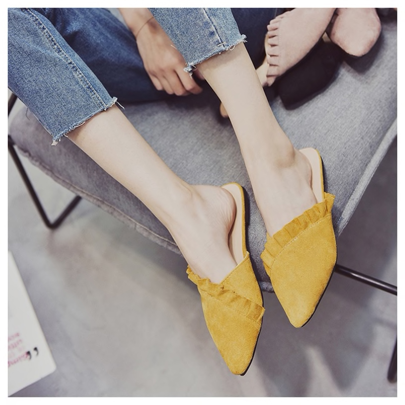 Pointed Toe Suede Mules - Yellow