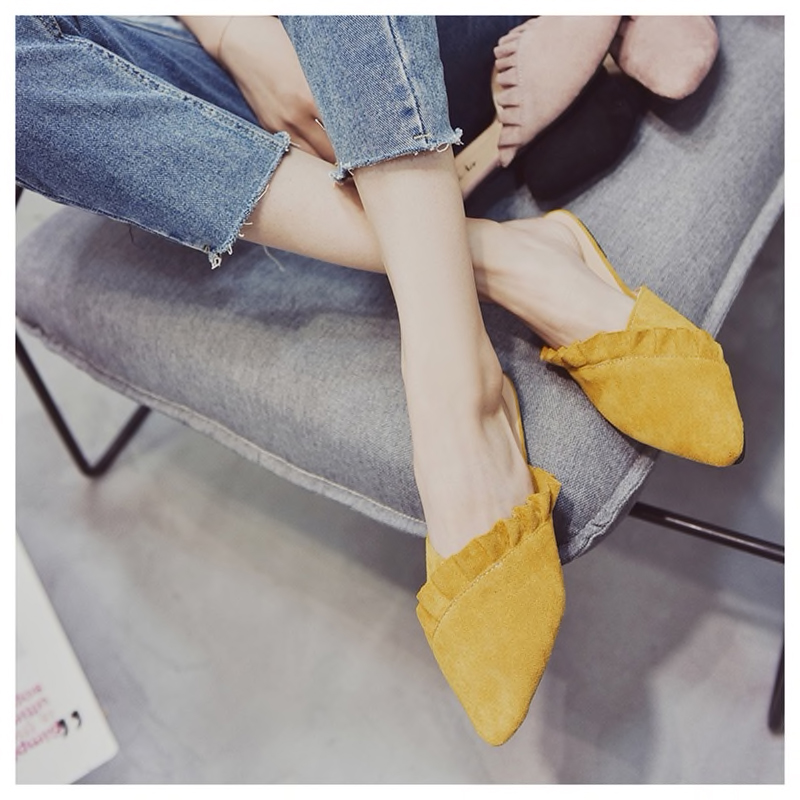 Pointed Toe Suede Mules - Yellow