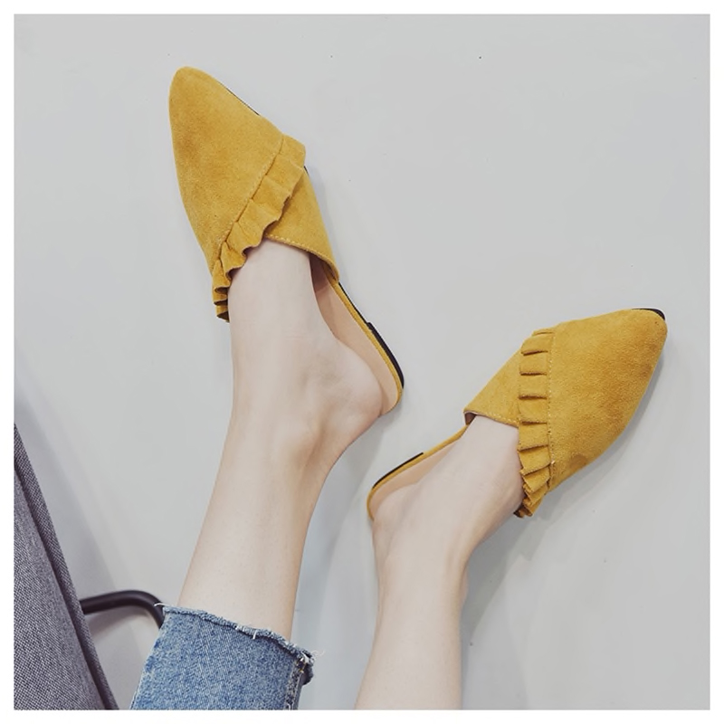 Pointed Toe Suede Mules - Yellow