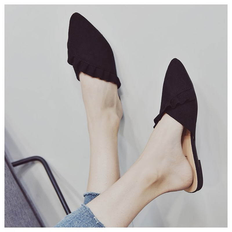 Pointed Toe Suede Mules - Black