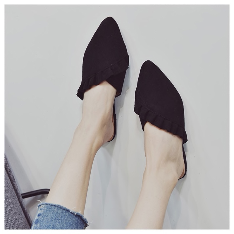 Pointed Toe Suede Mules - Black
